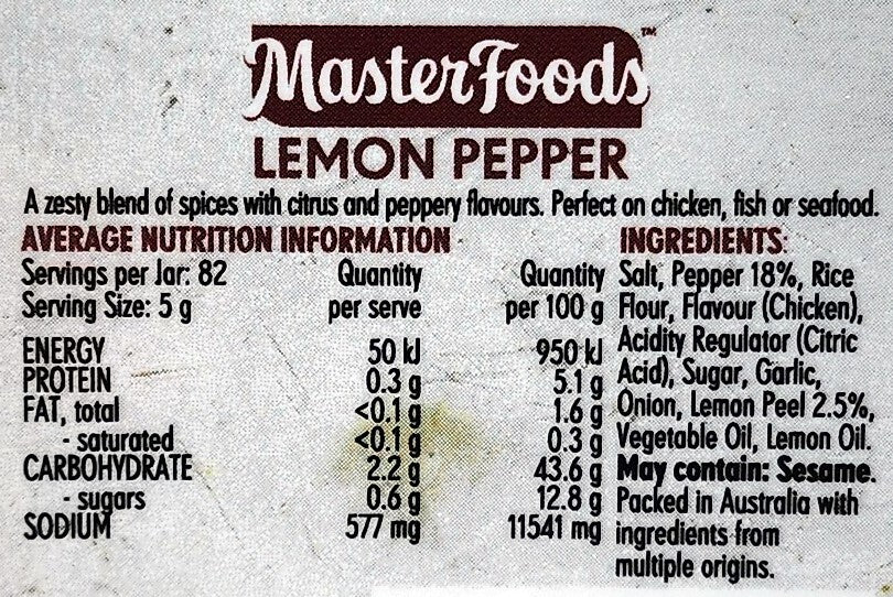 MasterFoods Lemon Pepper Seasoning 410g Herbs & Spices Meat, Chicken & Vegetable