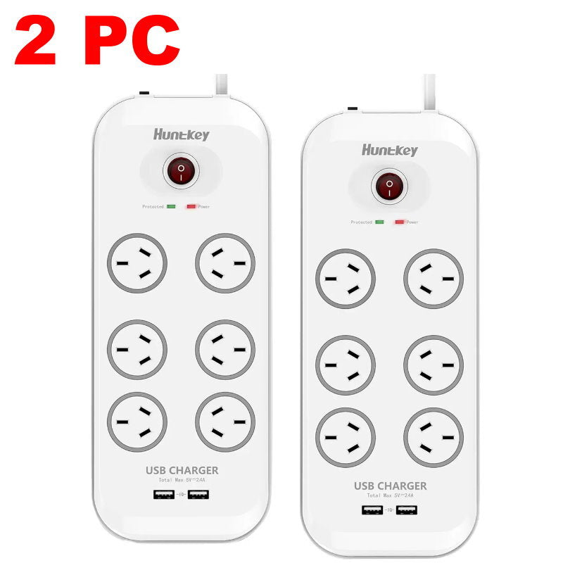 Huntkey AU 6 Way Outlets Powerboard w/ 2 USB Port & Surge Protection Heavy Duty