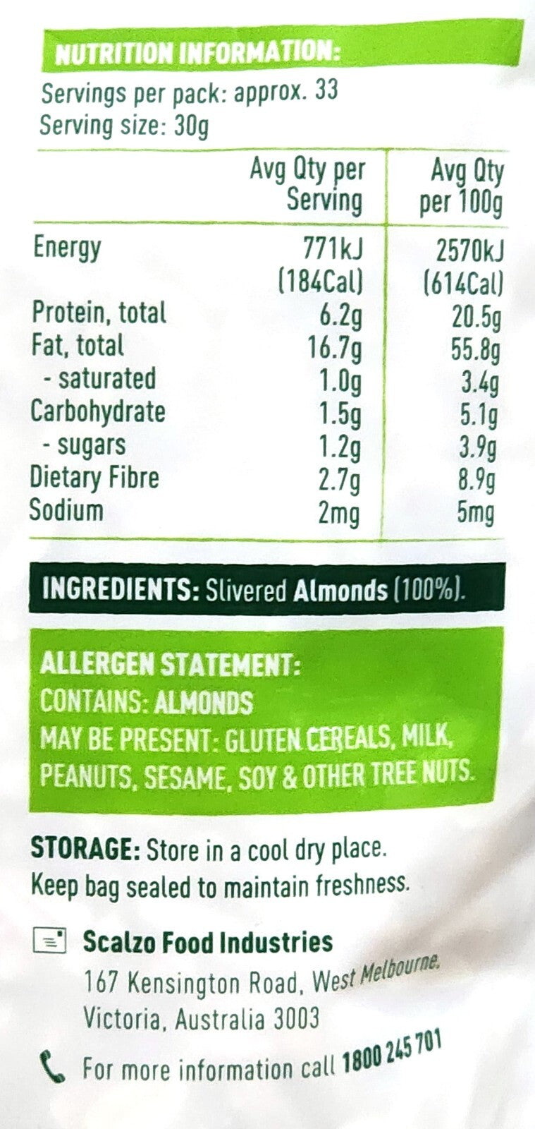 Australian Slivered Almond Raw Unsalt Healthy Goodness 1Kg Product of Australia