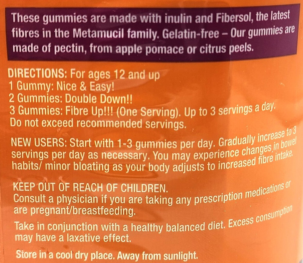 Metamucil Fiber Supplement Gummies Sugar Free Orange Flavour 5g Prebiotic Plant