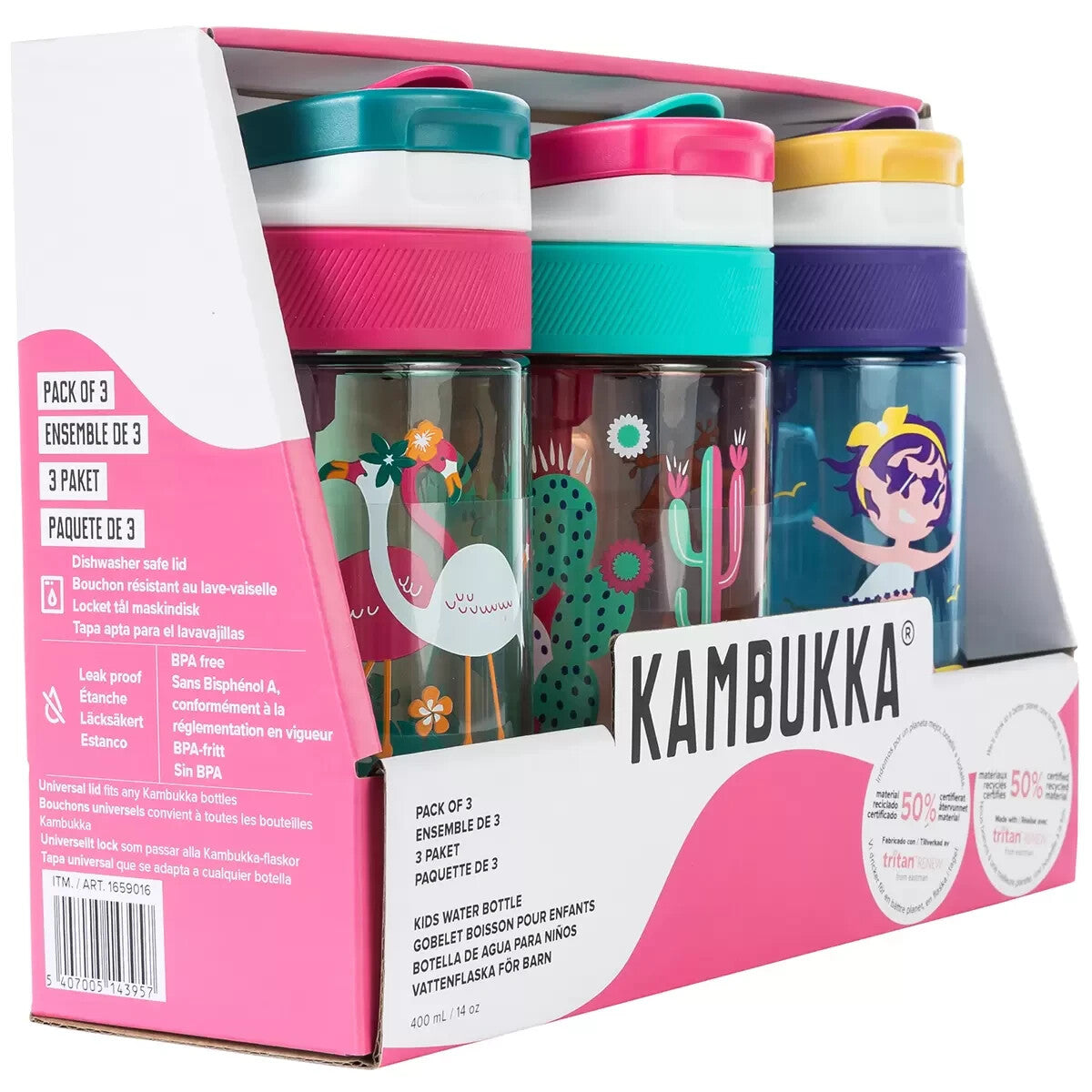 3 x 400ml Kambukka Lagoon Kids Water Drink Bottle Dishwasher Safe Green Pink