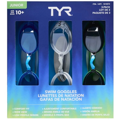 TYR 3-Pack Junior Swimming Goggles With UV Protection Boys or Girls For Age 10+
