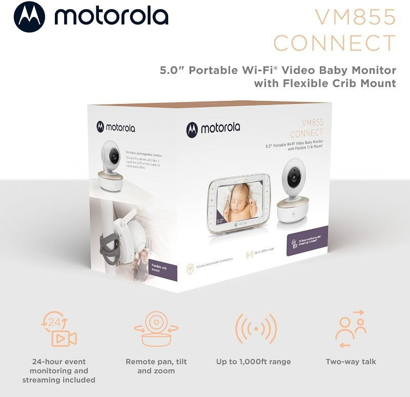 Motorola VM855 Connect 5" Portable Wi-Fi Video Audio Baby Monitor w/ Crib Mount