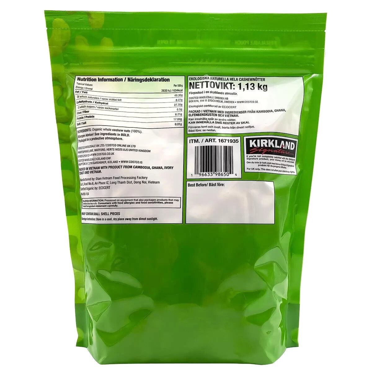 Organic Unsalted Unroasted Whole Cashews Vegan Kids School Lunch Snack 1.13Kg