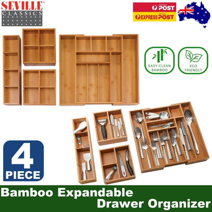 Seville Classics 4-Piece Bamboo Premium Expandable Drawer Organizer Cutlery