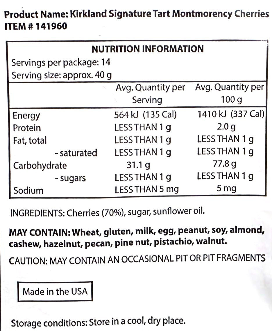Whole Dried Tart Montmorency Cherries Sweetened Sealable Bag Healthy Fruit 567g