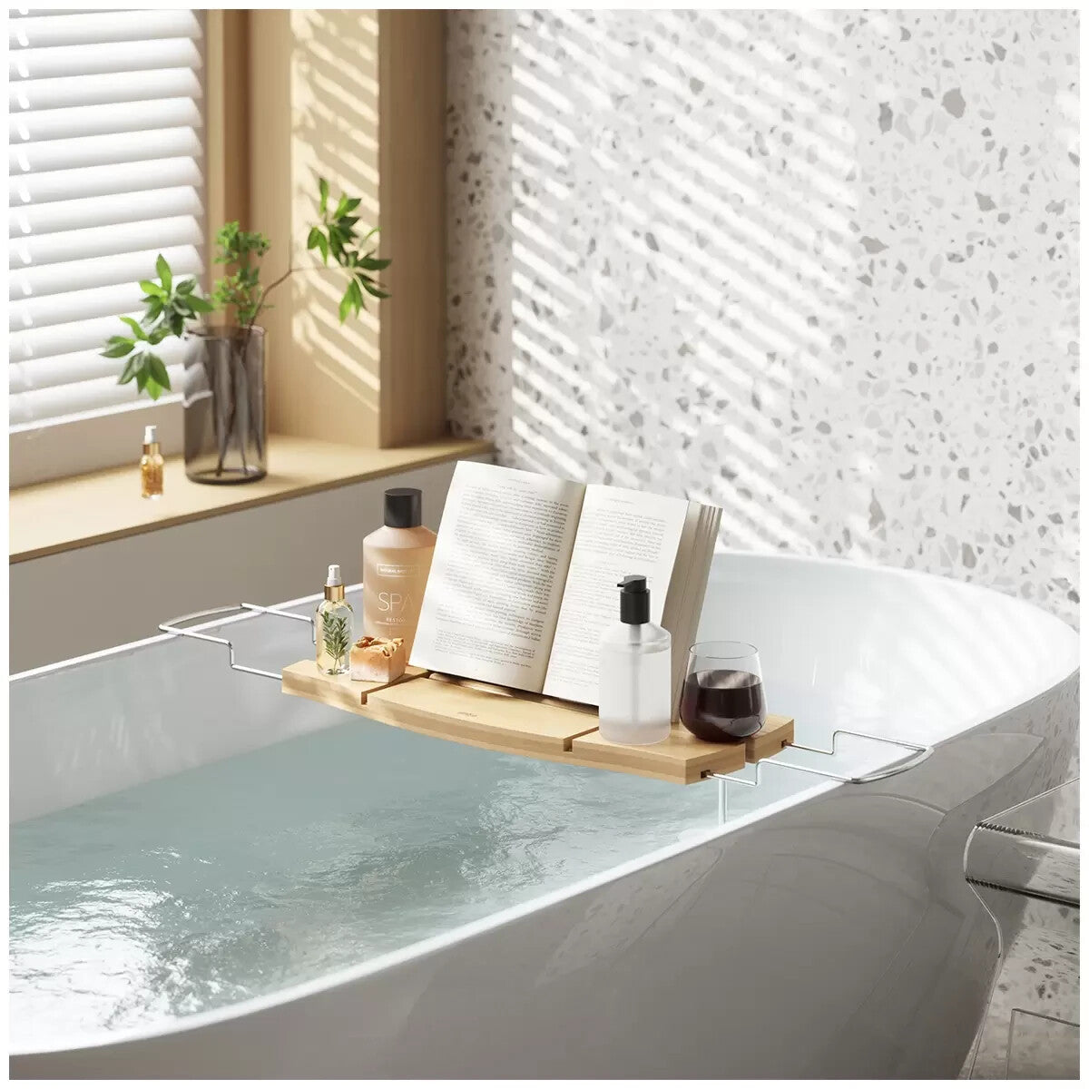 Expandable Natural Bamboo Bathtub Caddy Tray Adjustable Bath Tub Organiser Shelf