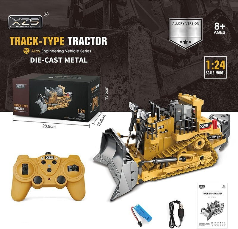 XZS 1:24 360° Rotation 9CH 2.4G RC Bulldozer Toy w/ Sound, Light, Alloy Bucket
