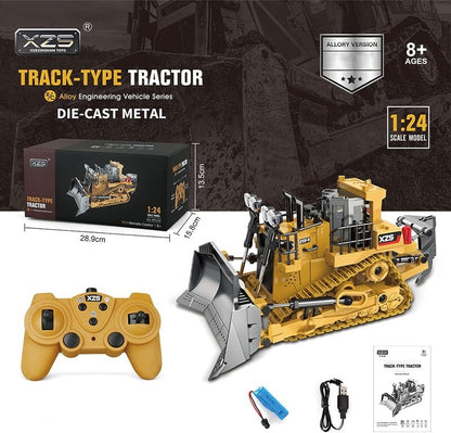 XZS 1:24 360° Rotation 9CH 2.4G RC Bulldozer Toy w/ Sound, Light, Alloy Bucket