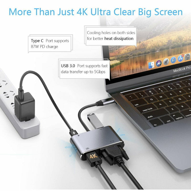 HYD-9837T 4-In-1 Type C USB Adapter Hub w/ HDMI, VGA, USB 3.0, PD 87W Charging