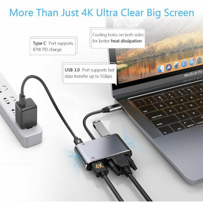 HYD-9837T 4-In-1 Type C USB Adapter Hub w/ HDMI, VGA, USB 3.0, PD 87W Charging