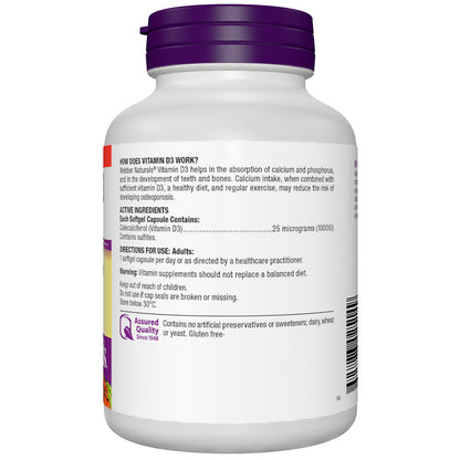 Webber Natural Vitamin D3 1000IU 250 Softgel Capsules Helps Calcium Absorption
