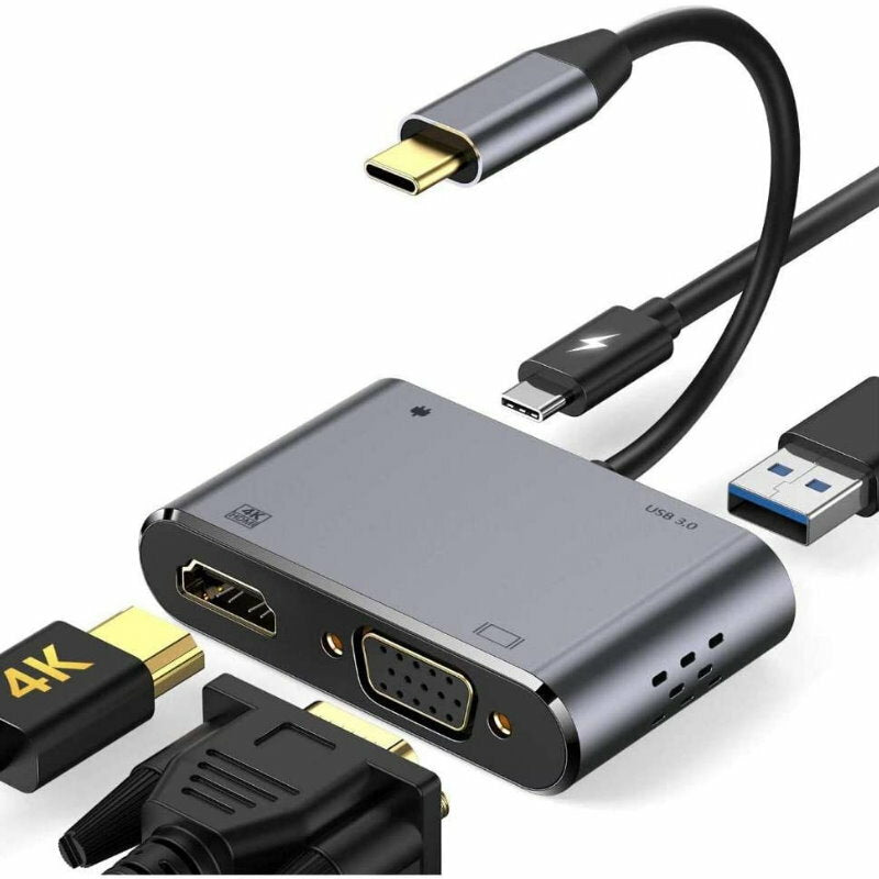 HYD-9837T 4-In-1 Type C USB Adapter Hub w/ HDMI, VGA, USB 3.0, PD 87W Charging