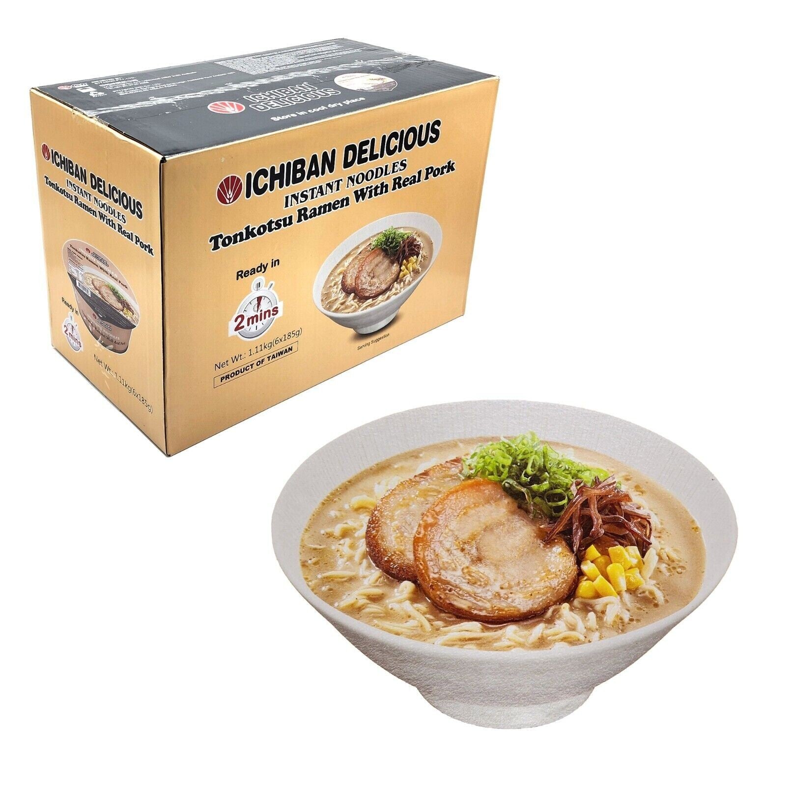 Ichiban Tonkotsu Ramen Instant Bowl Noodles Delicious with Real Pork 6x185g Meal