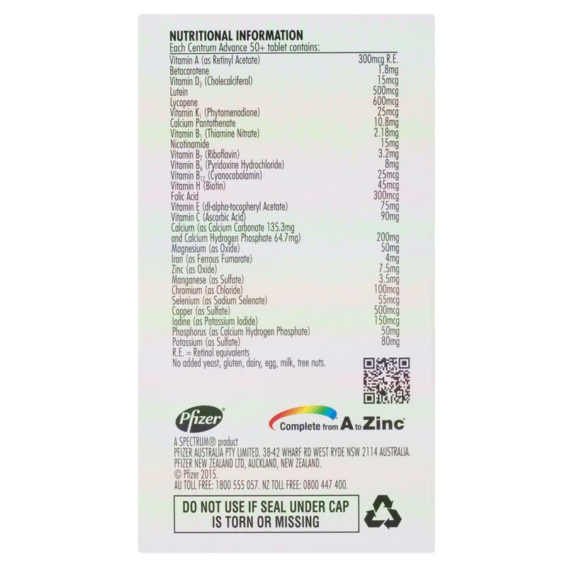Centrum Advance 50+ For Adults Multivitamin Minerals Dietary Supplement 200 Tabs