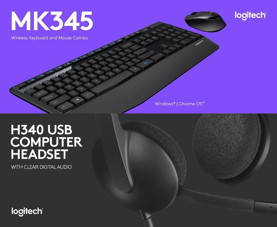 Logitech Comfort MK345 Wireless Keyboard and Mouse Plus H340 USB Headset Bundle