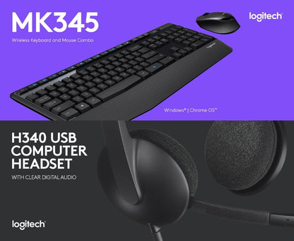 Logitech Comfort MK345 Wireless Keyboard and Mouse Plus H340 USB Headset Bundle