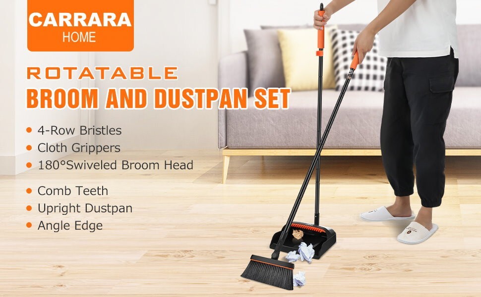 Carrara Home 46.5" 180° Rotatable Broom and Dustpan Set with Self-Cleaning Teeth