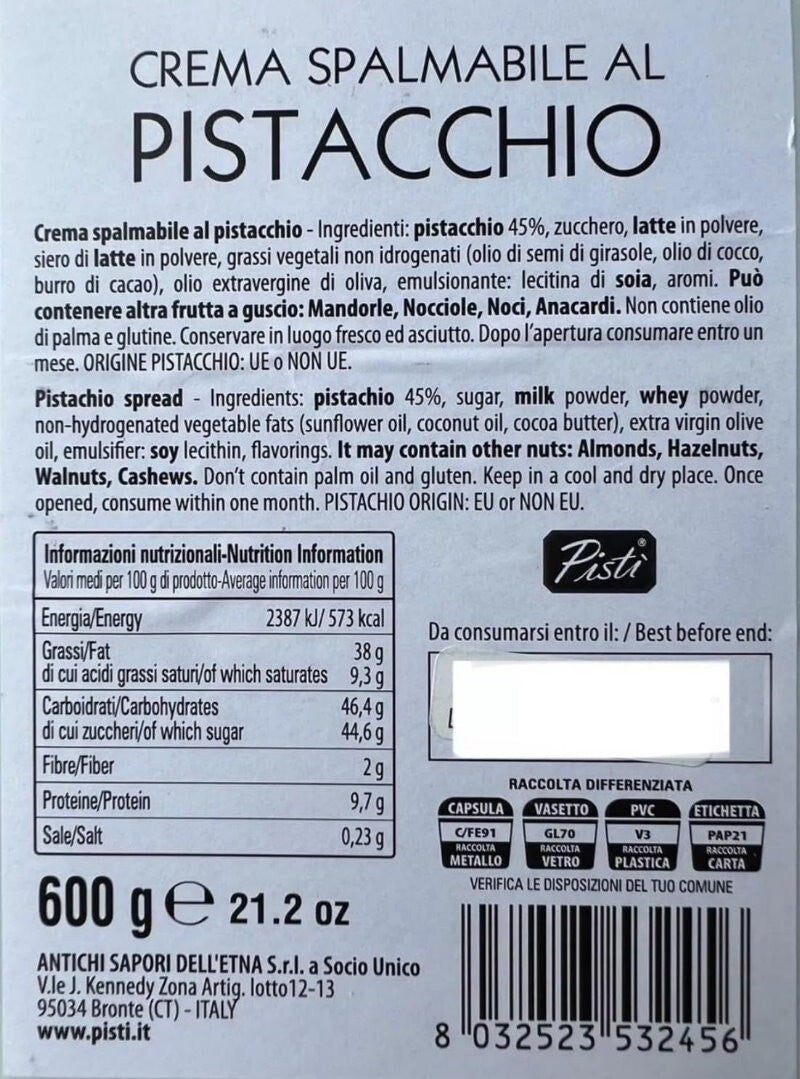 Pisti Sicilian Spreadable Pistachio Cream Spread 600g Italian Sweet and Velvety