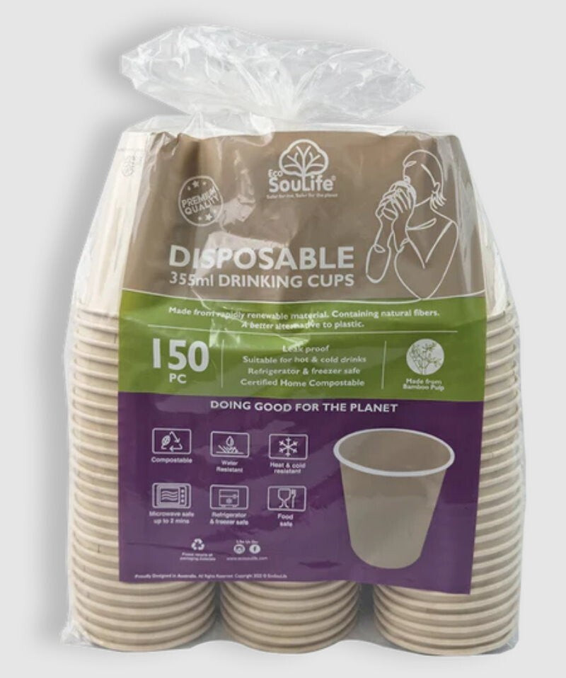 EcoSouLife 150 Pack Bamboo Pulp Cups Natural 355 mL Disposable Drinking Cups