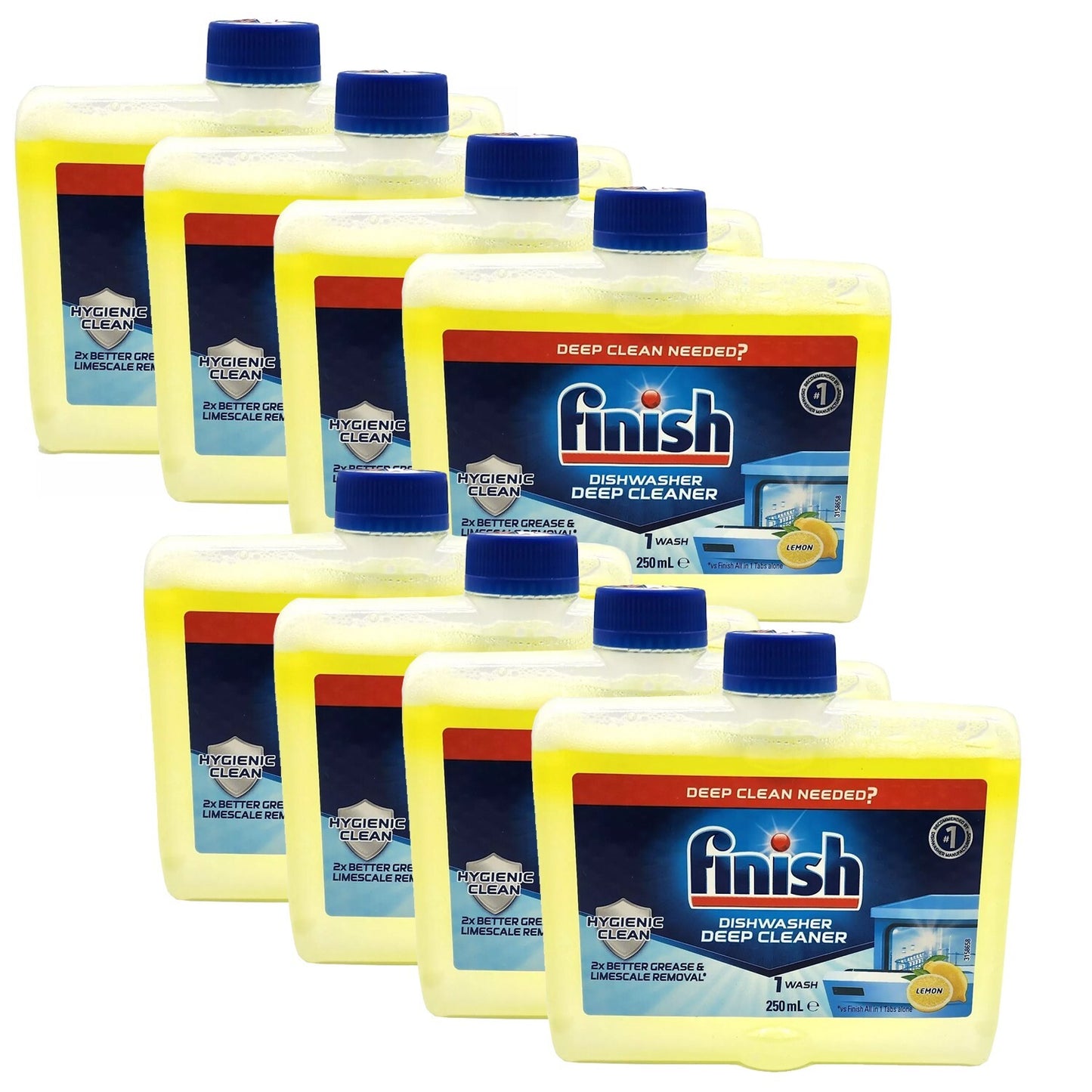 Finish Deep Clean Dishwasher Cleaner Grease Limescale Removal Lemon 8x250ml Pack