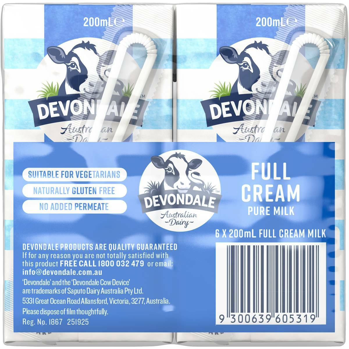 6 x 200ml Devondale 100% Pure Full Cream Kids Long Life Milk No Preservatives