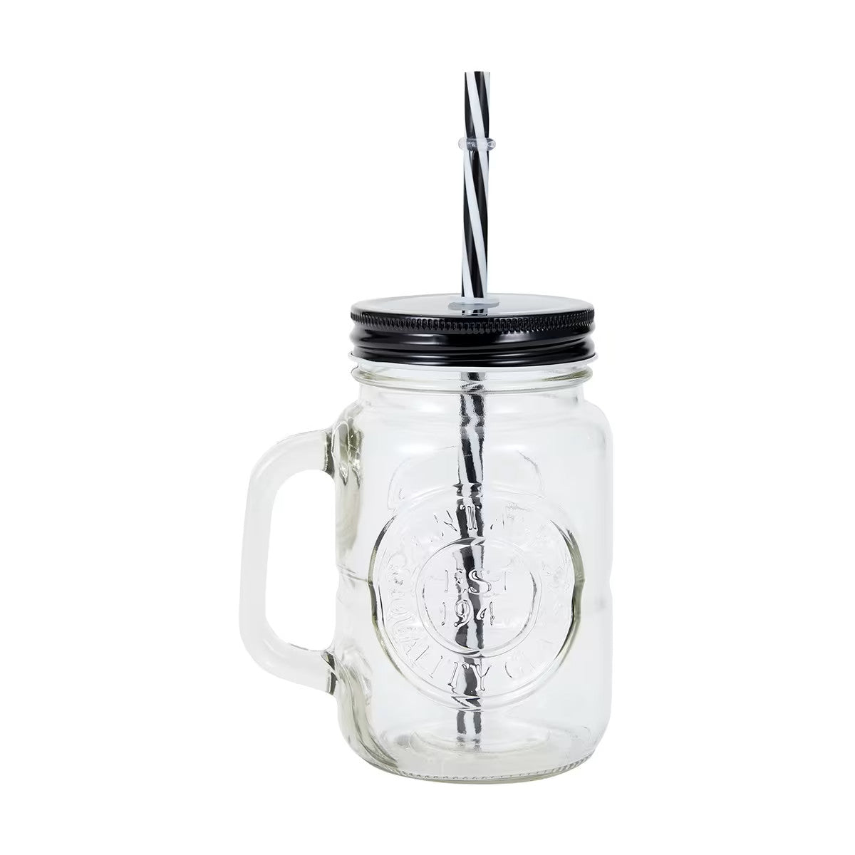 Mason Jar With Handle and Straw In Caddy Drinking Soda Lime Glass Jar Lid 500ml