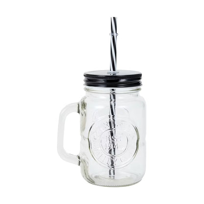 Mason Jar With Handle and Straw In Caddy Drinking Soda Lime Glass Jar Lid 500ml