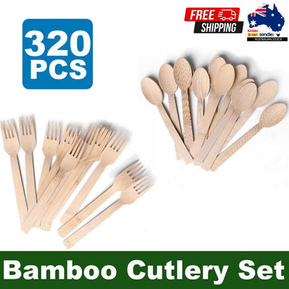 iECO 320pcs Disposable 100% Bamboo Utensils Set - Fork or Spoon Cutlery Set