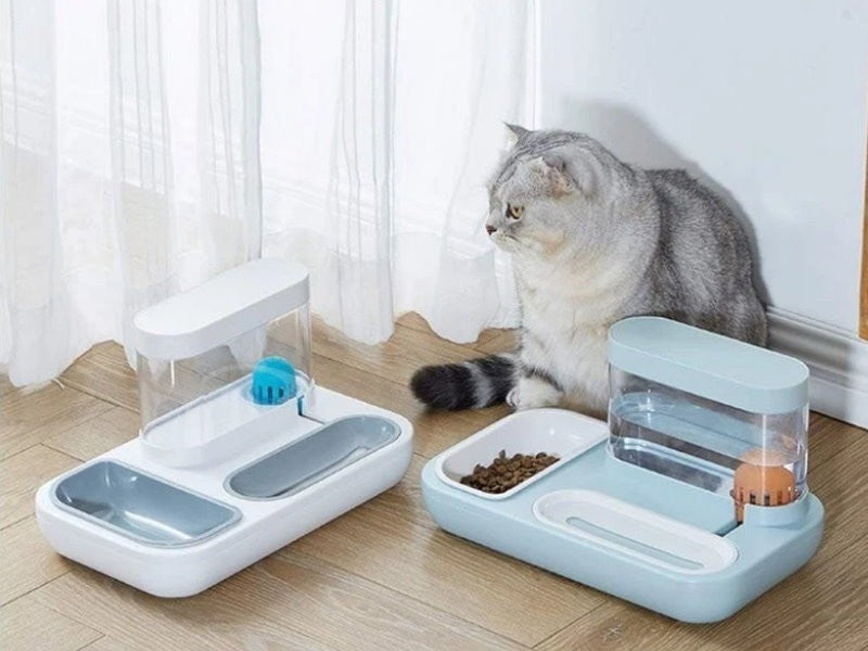 Ameifu 2-in-1 Cat Pet Bowls Food & Water Dispenser with Automatic Water Fountain