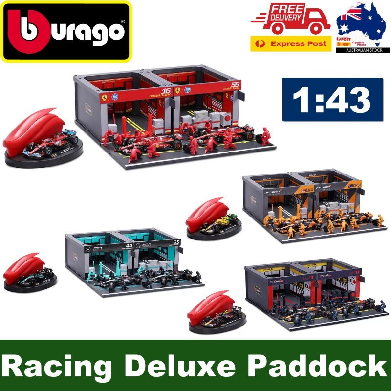 Burago 1:43 Formula One Racing Deluxe Paddock Ferrari, McLaren, Mercedes, RedBul