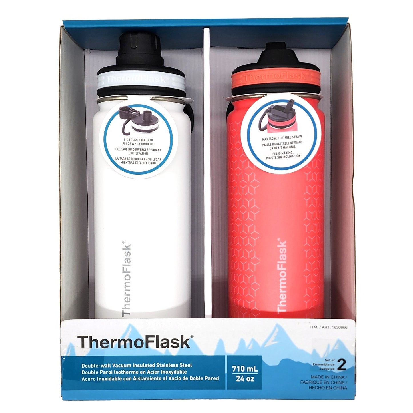 ThermoFlask Stainless Steel Vacuum Sealed Drink Bottle 710ml White & Pink 2 Pack