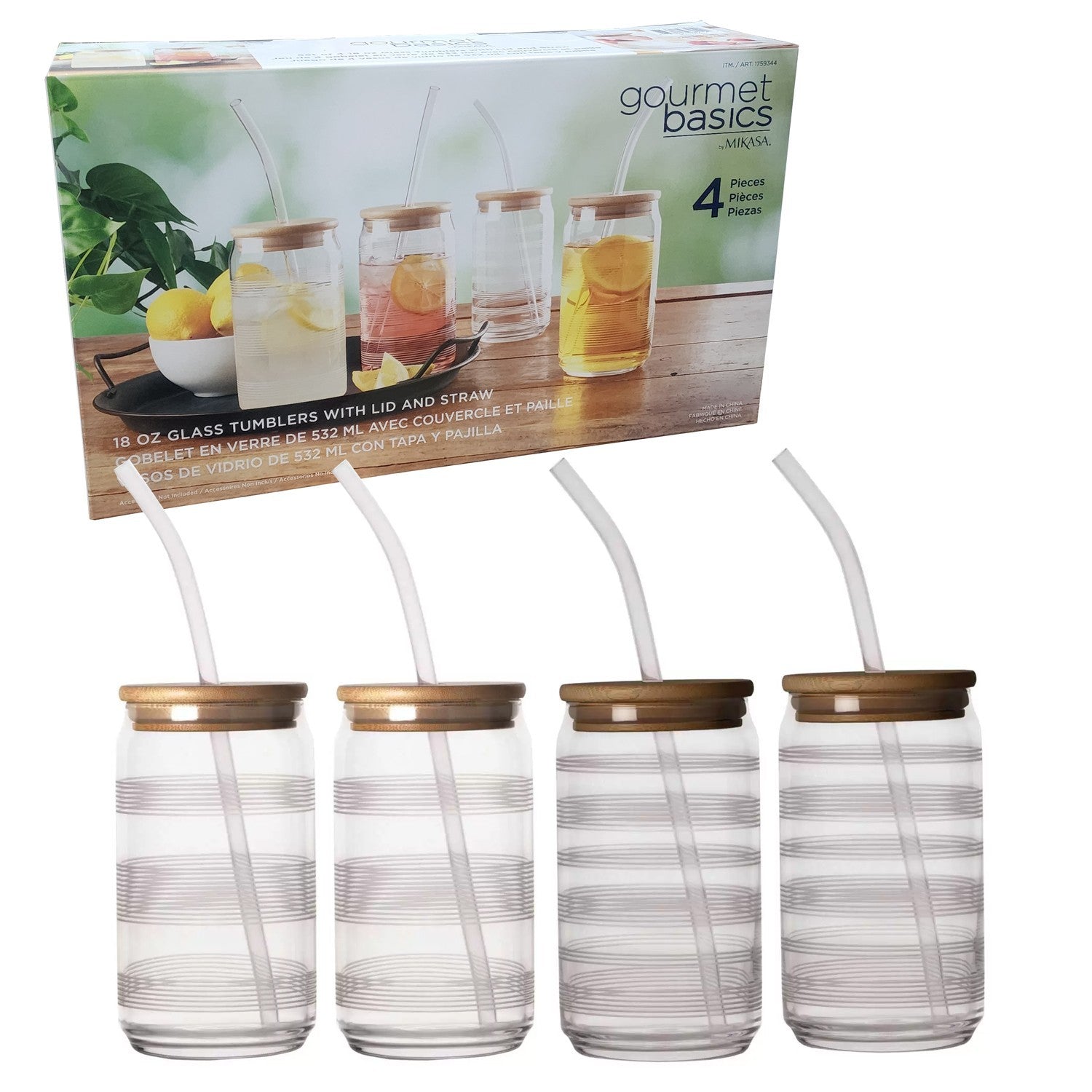 Mikasa 4 x Cold Drink Glass Tumblers 532mL with Bamboo Lid & Tritan Straw Set