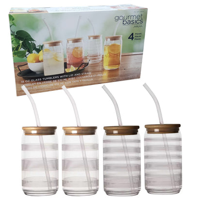 Mikasa 4 x Cold Drink Glass Tumblers 532mL with Bamboo Lid & Tritan Straw Set
