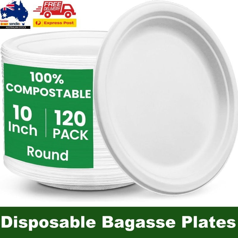 iECO 120-Pack 10" (25cm) Compostable Disposable Bagasse Plates Heavy Duty ECO