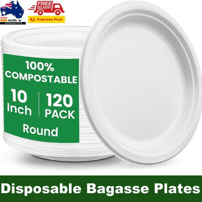 iECO 120-Pack 10" (25cm) Compostable Disposable Bagasse Plates Heavy Duty ECO
