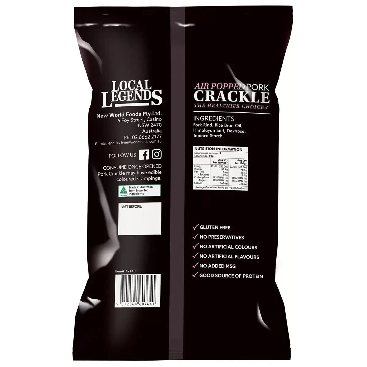 Local Legends Air popped Pork Crackle with Himalayan Salt 200g Gluten Free