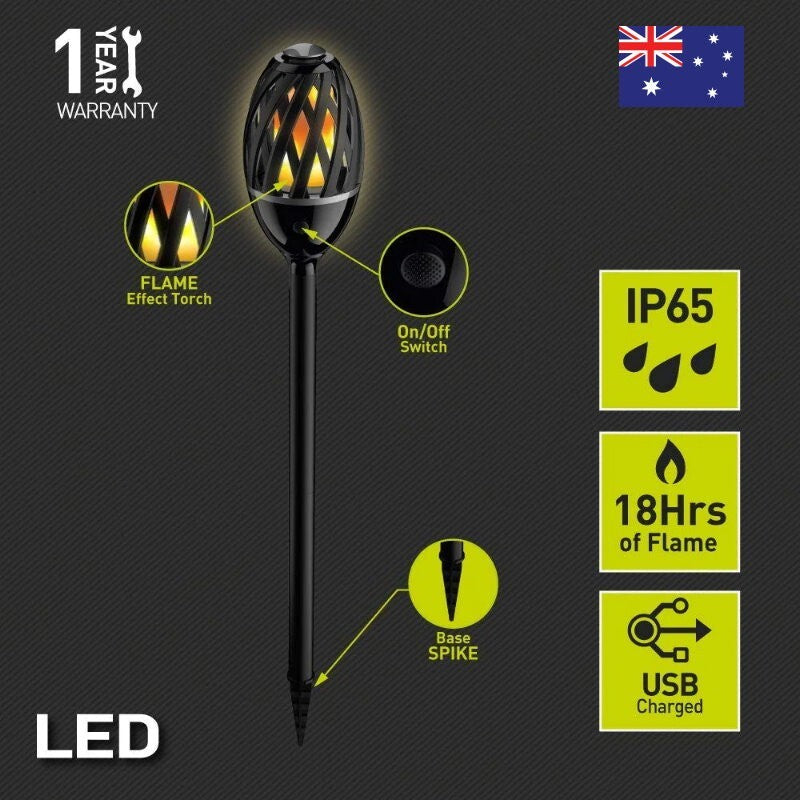 ProGlo IP65 Indoor/Outdoor LED Flame Effect Torch w/ Spike, Stand & USB Charging