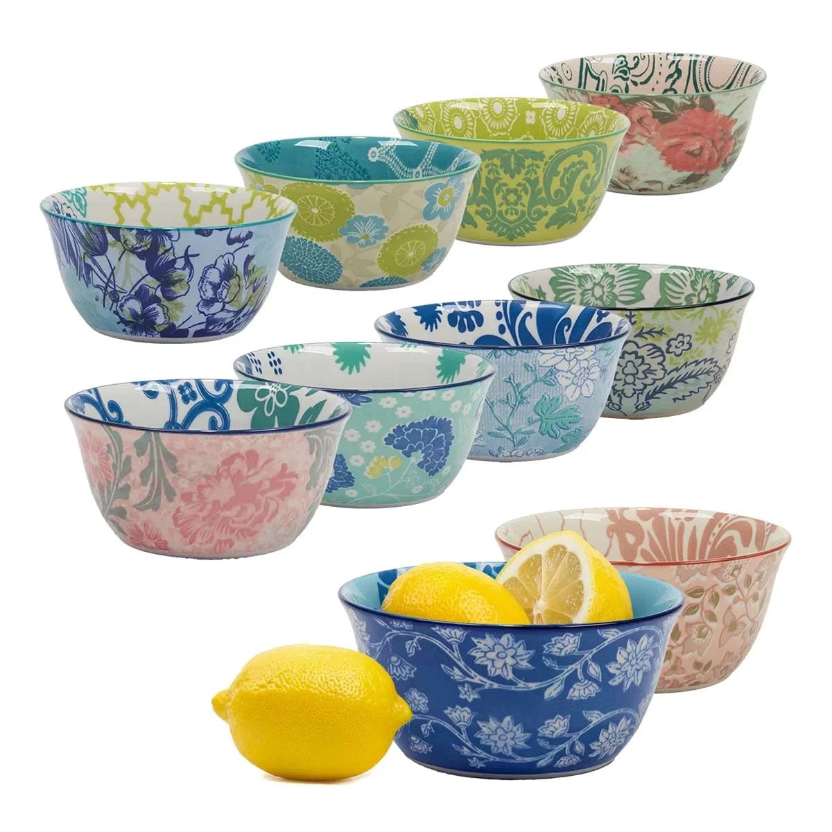 10 Provence Stoneware Rice Ice Cream Soup Cereal Snack 12cm Decorated Bowls Set