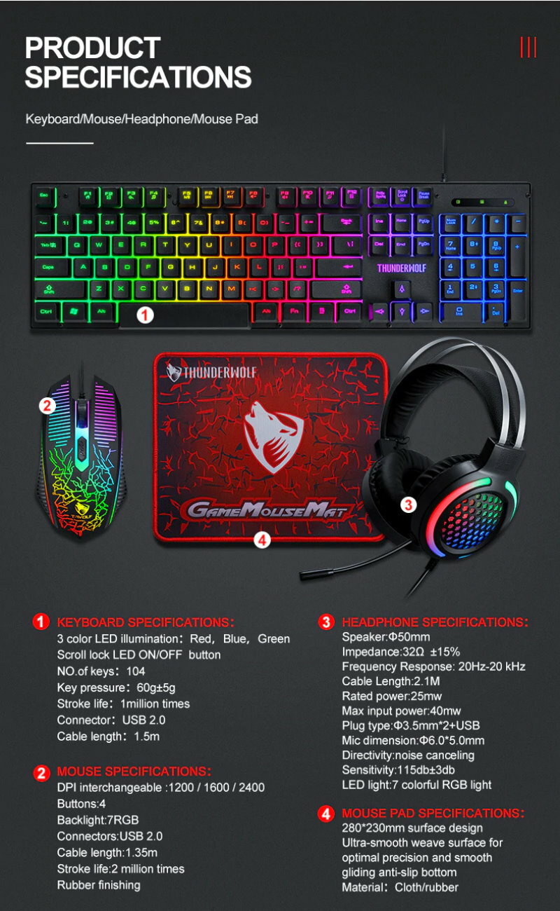 T-Wolf TF-400 4-in-1 Gaming Kit LED Backlit Gaming Keyboard Headset Mouse Pad