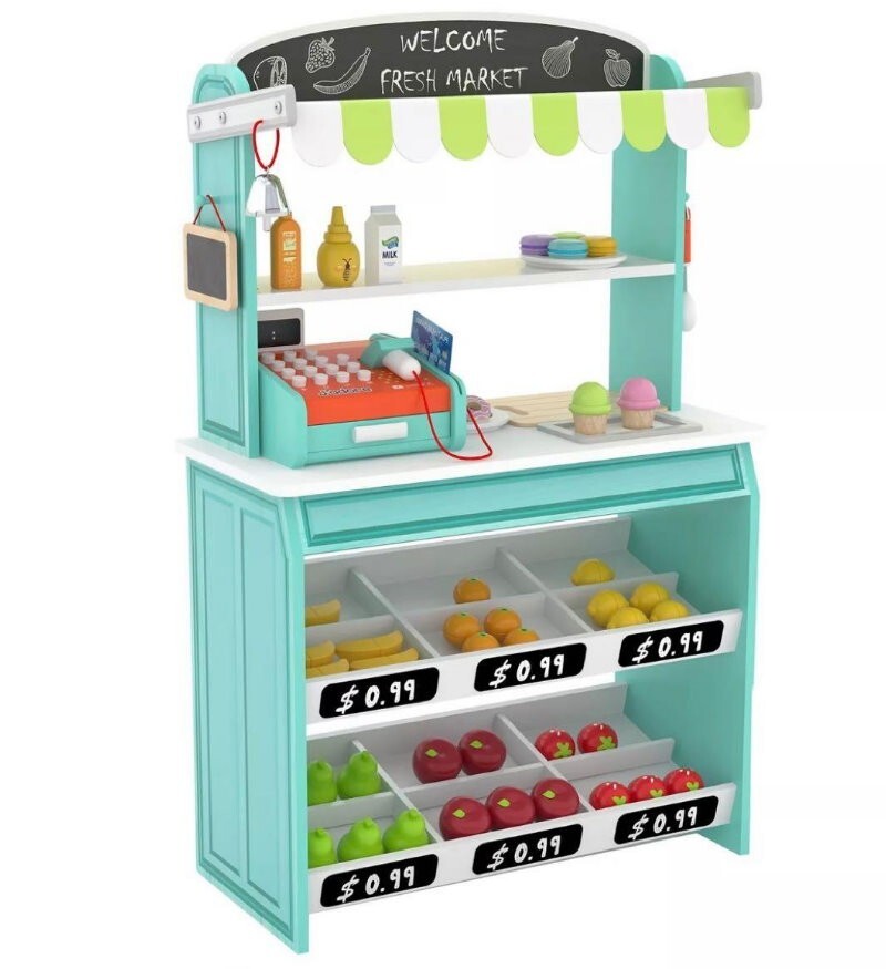 J'adore 69 Pieces Wooden Grocery Market Fresh Market Fruit Stand w/ Accessories
