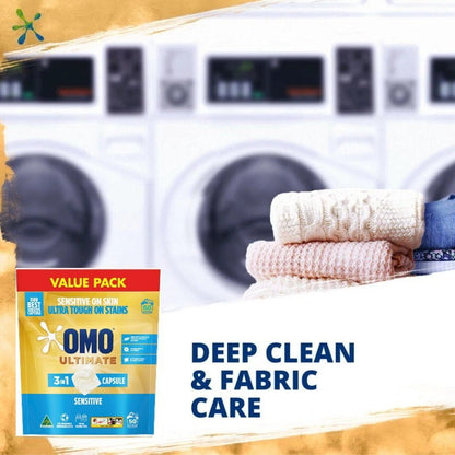 OMO Ultimate 3 in 1 Laundry Liquid Capsules Detergent Sensitive 50 or 100 Washes
