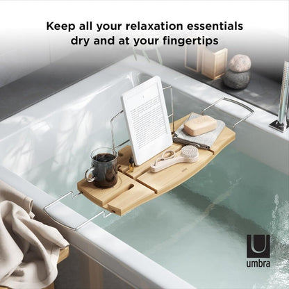 Umbra Aquala Bamboo Extendable Bath Tub Caddy Wine Glass Ipad Book Holder