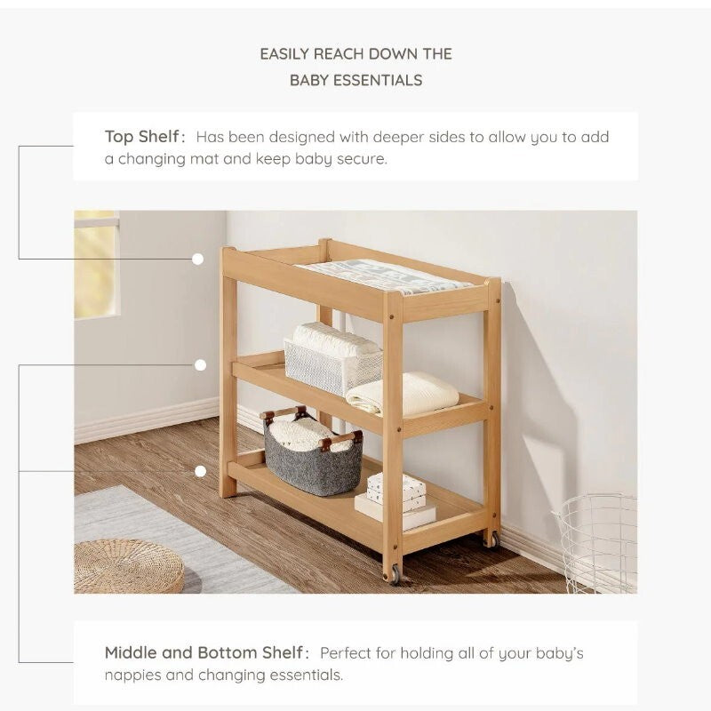 Boori 3 Tier Changer Wood Nursery Multifunctional Changing Table for Newborns