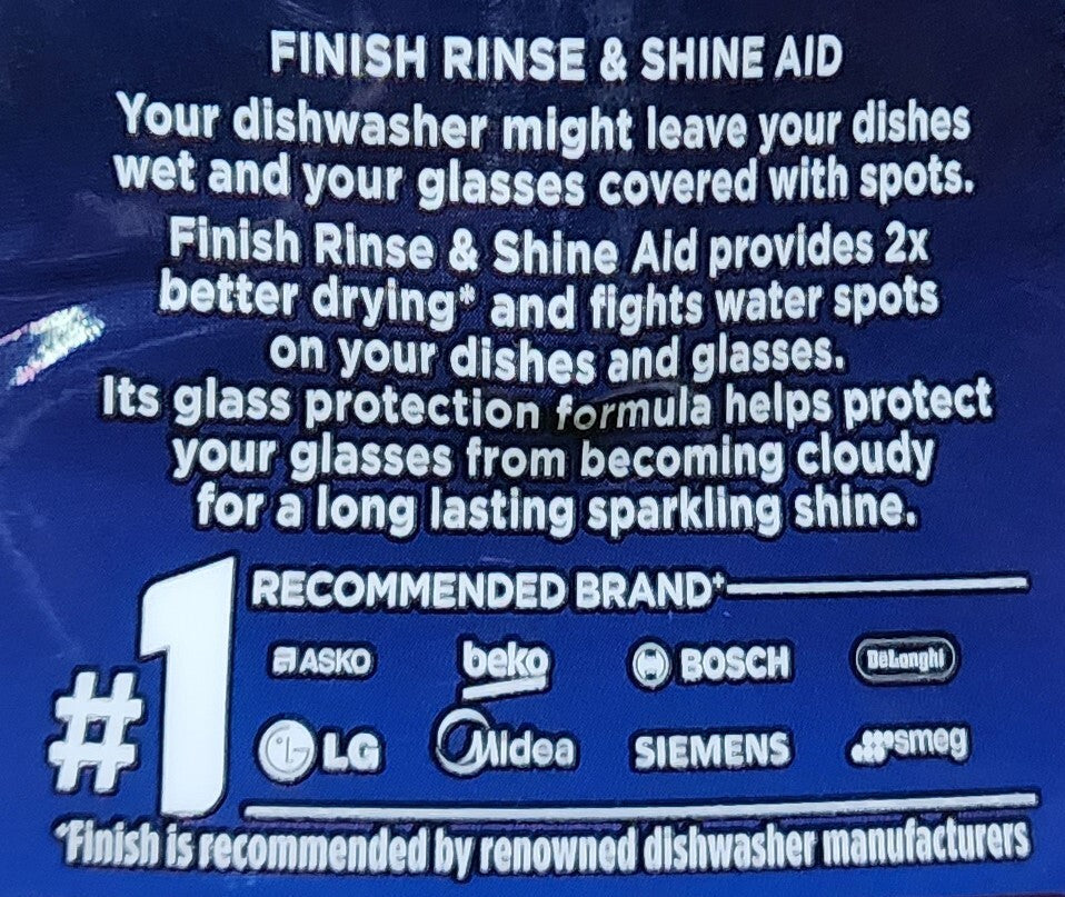 Finish 800mL Rinse & Shine Aid Dishwashing Drying Liquid Prevents Water Spot