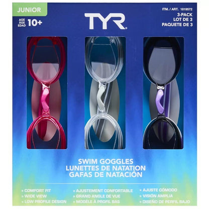 TYR 3-Pack Junior Swimming Goggles With UV Protection Boys or Girls For Age 10+