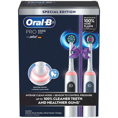 Oral-B Pro 5000 Duo Electric Toothbrush 2 x Handles 3x Brush Head 360 Gum Sensor