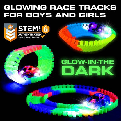 QWZ 165 pcs Glow Race Tracks Flex & Glow in The Dark Race Car Tracks for Kids