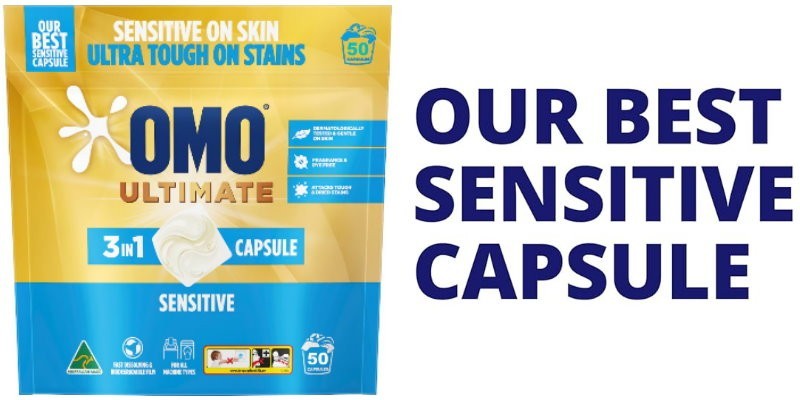 OMO Ultimate 3 in 1 Laundry Liquid Capsules Detergent Sensitive 50 or 100 Washes