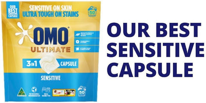 OMO Ultimate 3 in 1 Laundry Liquid Capsules Detergent Sensitive 50 or 100 Washes